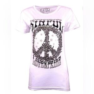 Sinful White Tee with Black Peace Sign Graphic